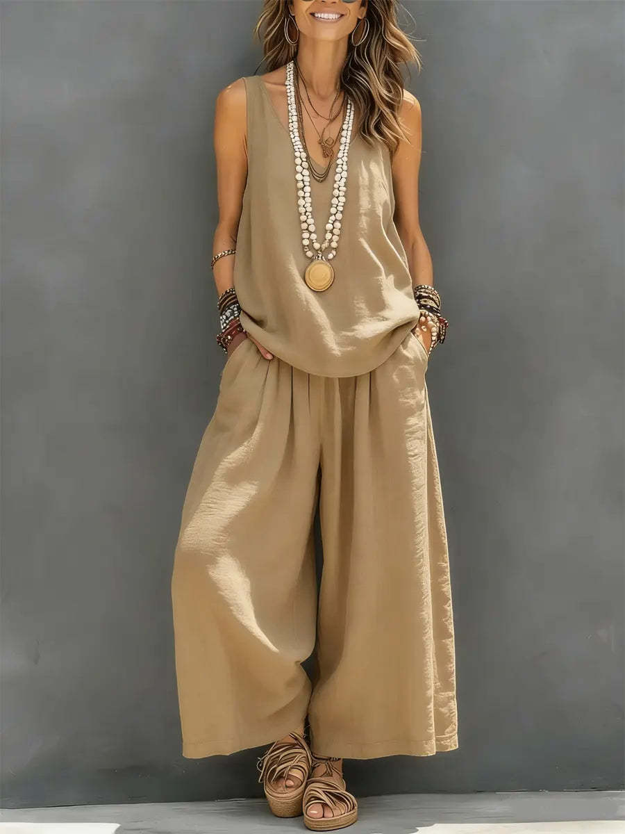 Womens Solid-Colored Casual Sleeveless Tank Top And Wide-Leg Pants Cotton-Linen Set For Daily Wear Holiday Outfit