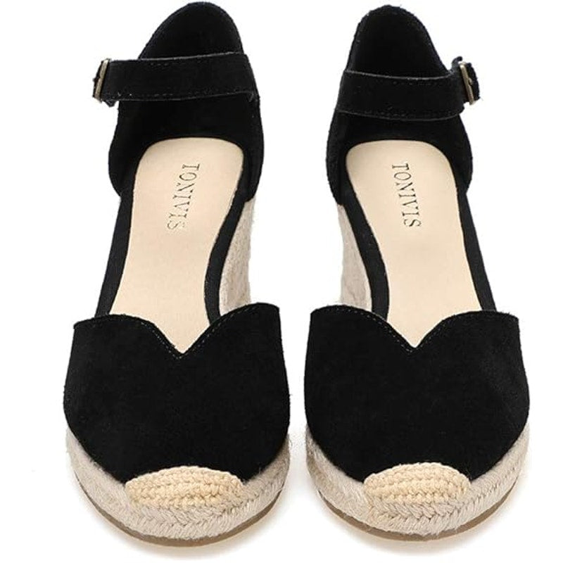 New Tonivis Women Size 7.5 Black Faux Suede Wedge Espadrille Ankle Strap Sandals
