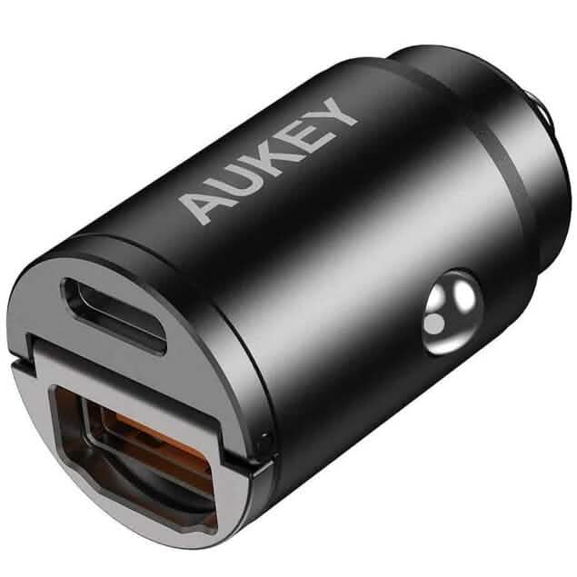 Aukey car charger with USB port on a white background. AUKEY Car Charger 30W Dual-Port