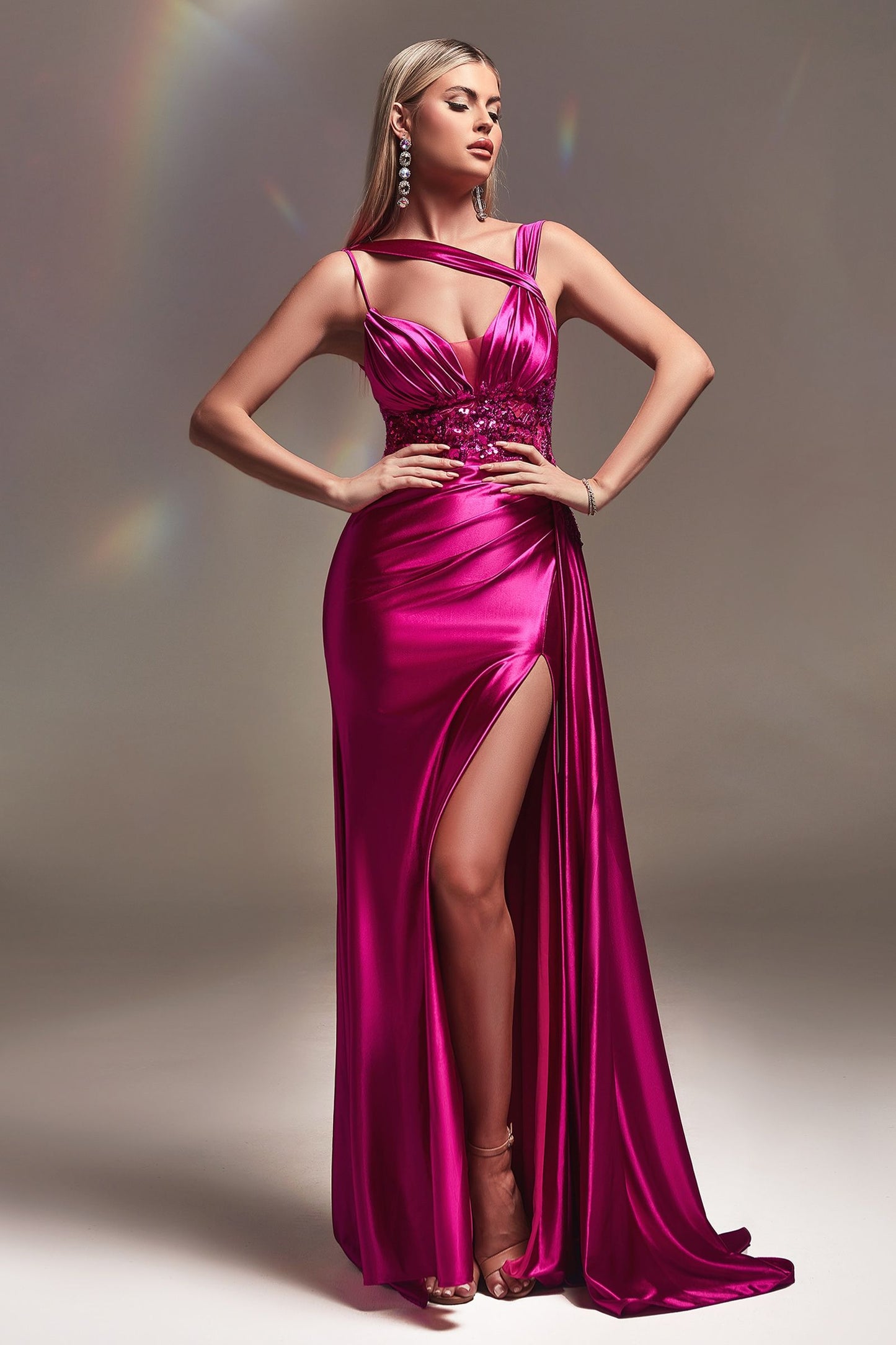Black,Champagne,Emerald Green Satin Embellished Corset Gown – One-Shoulder Draped High Slit Formal Dress CDCDS415
