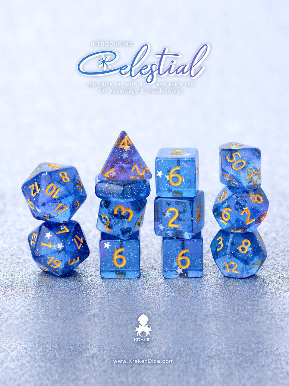 Kraken Dice Celestial 14pc Gold Ink Dice Set with Kraken Logo