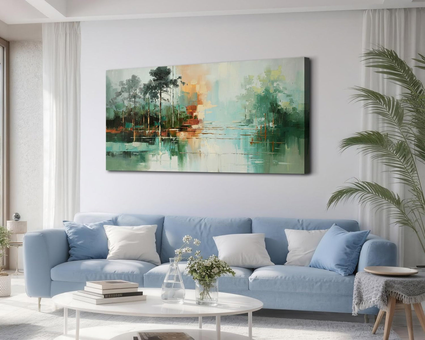 Teal Green Textured Landscape Canvas Artwork 48x24-4