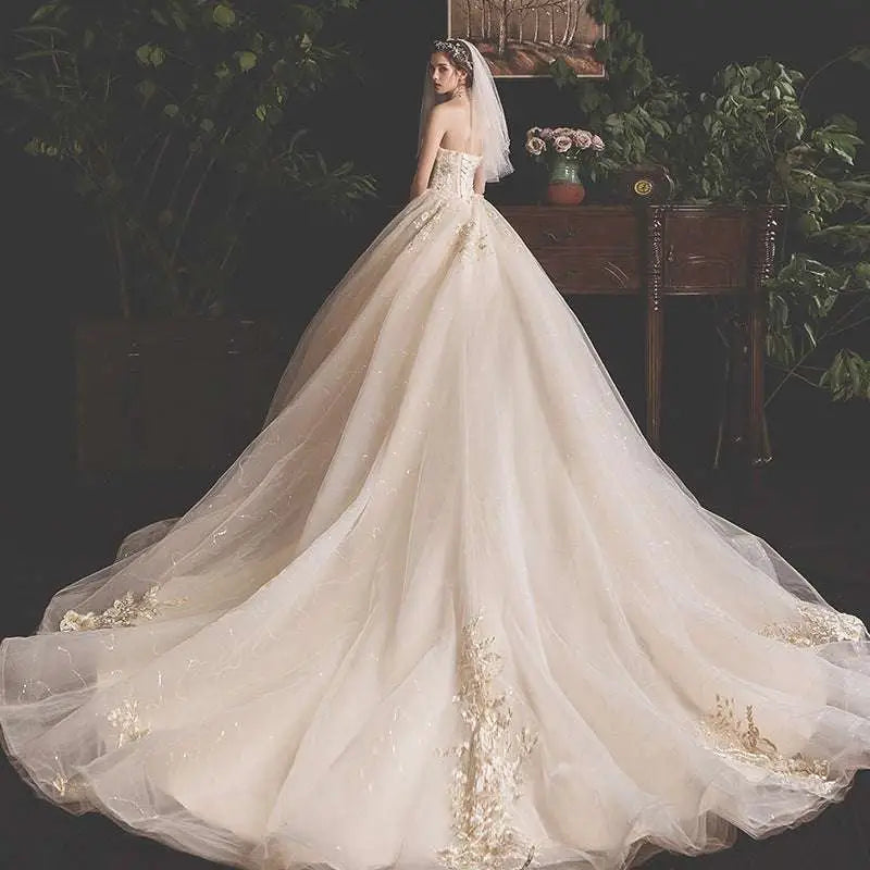 Champagne Lace Wedding Gown for Pregnant Woman