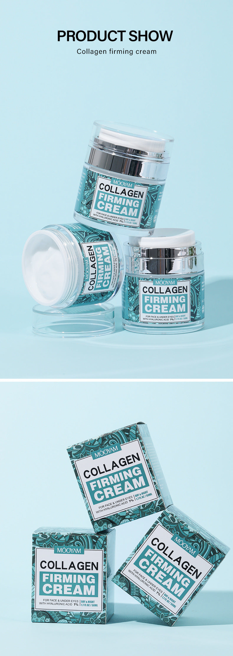 Collagen firming cream packaging on a light blue background