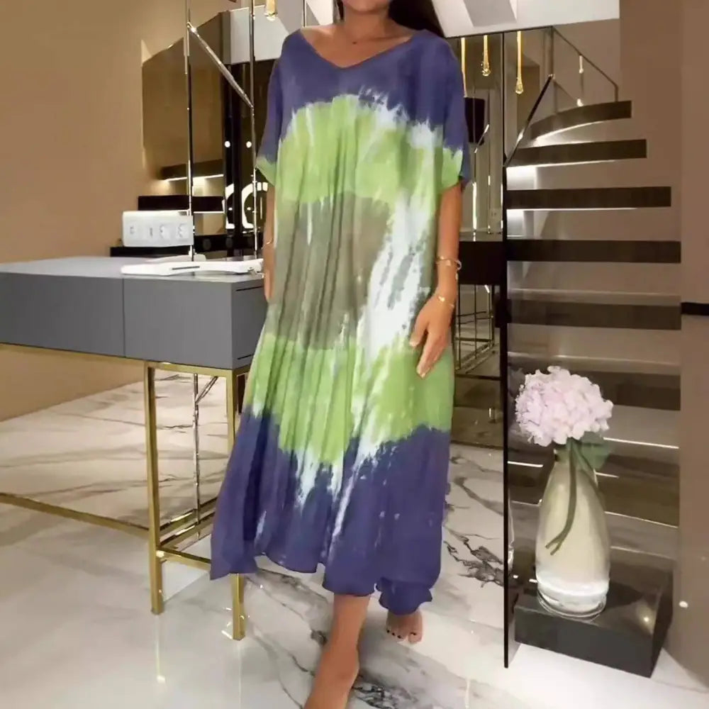 Color Block Round Neck Loose Short Sleeves Maxi Dress