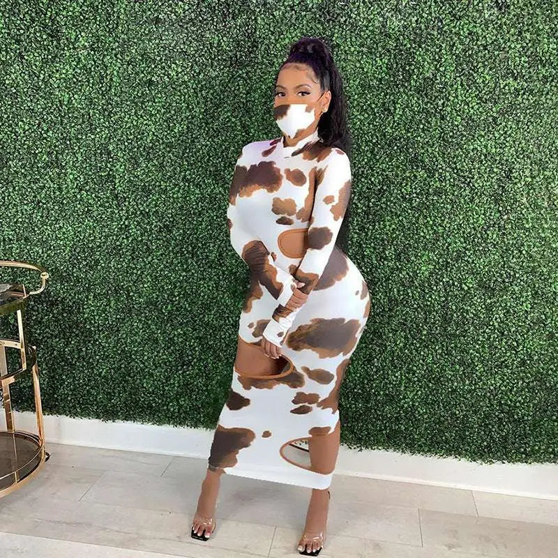 Cow Print Women Irregular Hole Maxi Dress