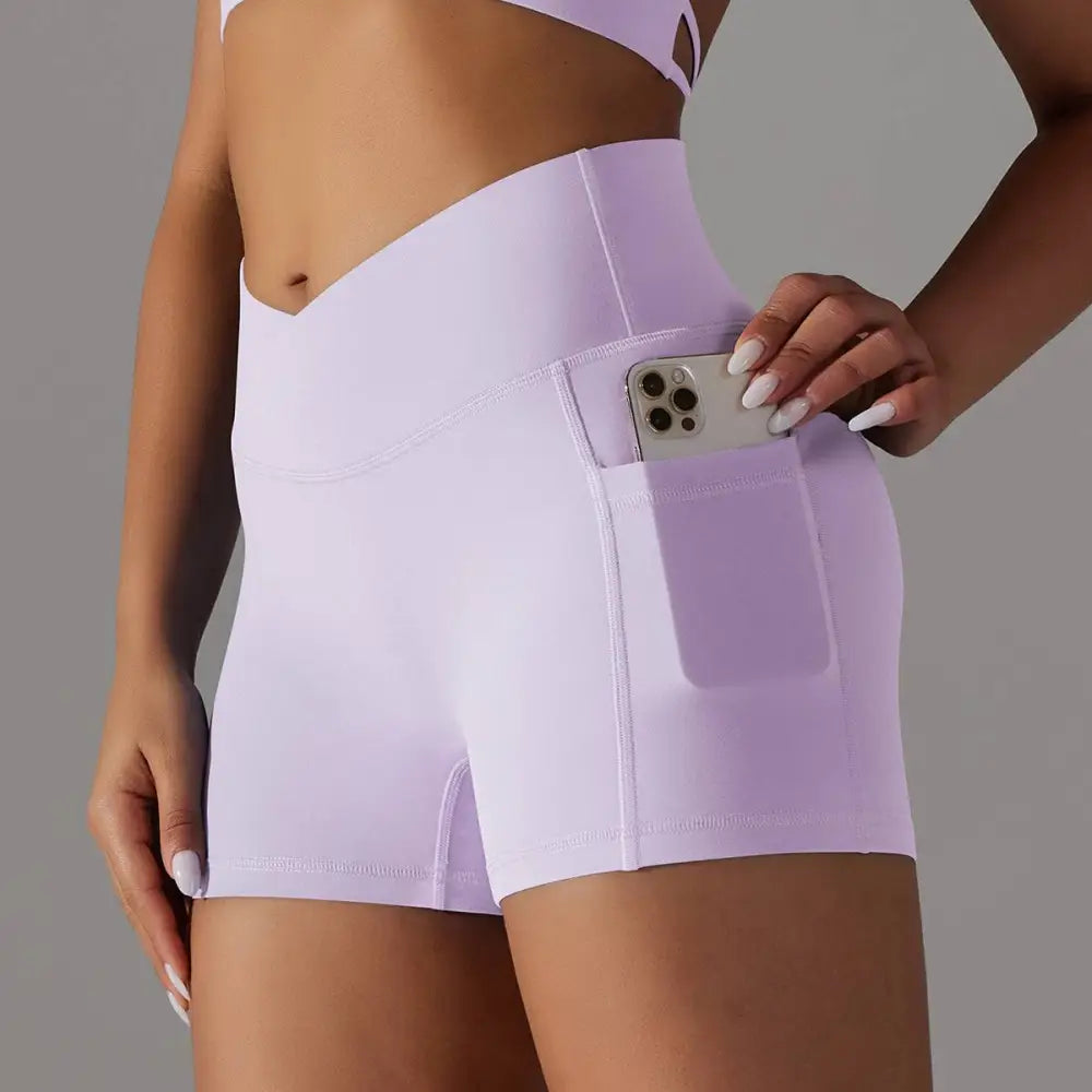 Cream High Waisted Phone Pocket Design Fitness Shorts