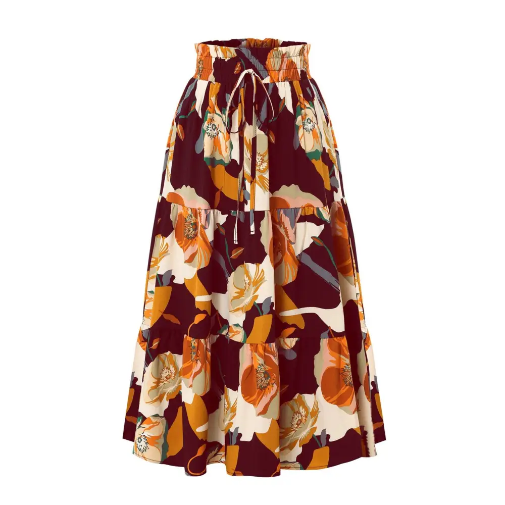 Cream Tiered Pleated Floral Print Elastic Waist Skirt