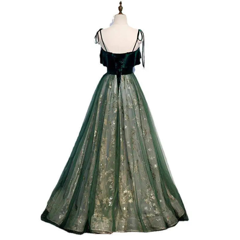 Dark Green Sling Temperament Long Banquet Gown