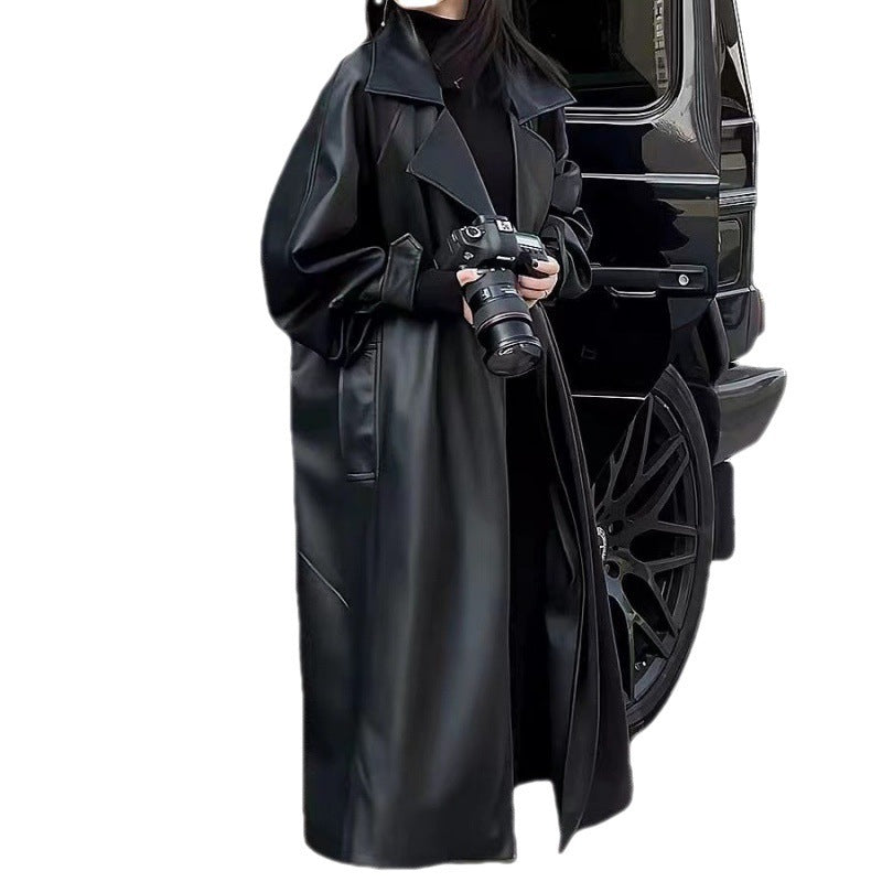 Women's Fashion Temperament Long Below The Knee PU Leather Coat