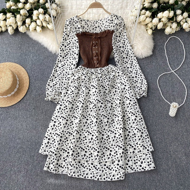 Trendy Dress with Tie Belt – French Contrast Floral Print, Two-Piece Illusion Design, Sweet Long Sleeve Frock
