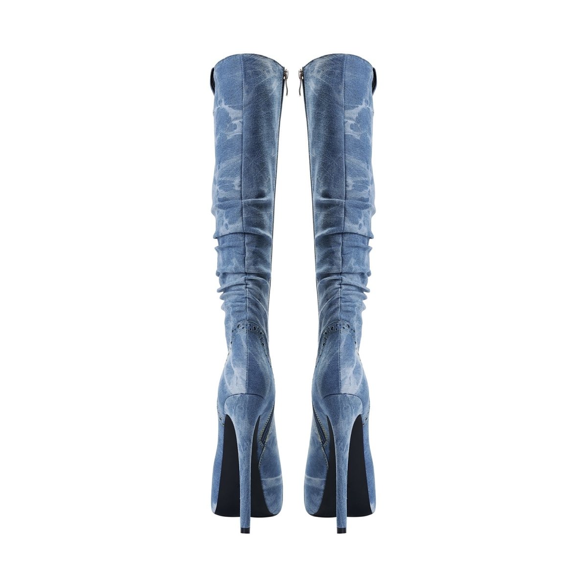 Elegant Pointed Toe Knee High Denim Stiletto Boots-4