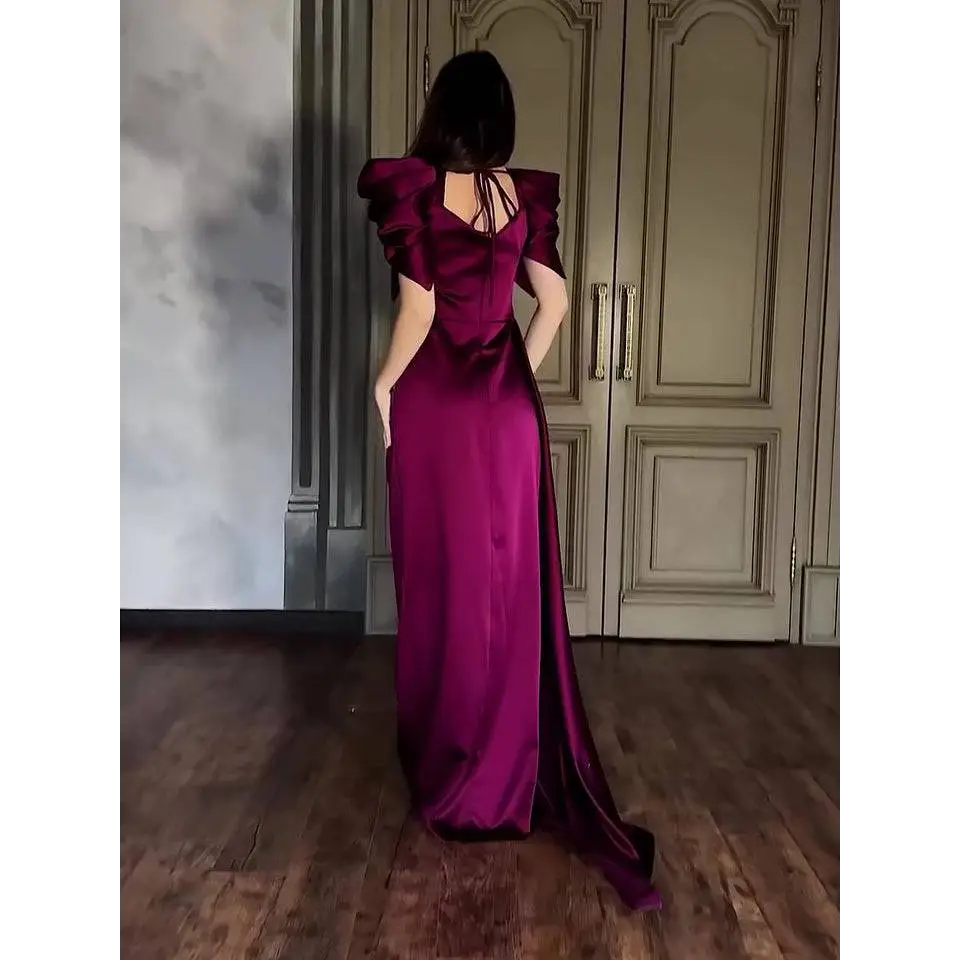 Elegant Puff Sleeve Pleated Slit Magenta Maxi Dress