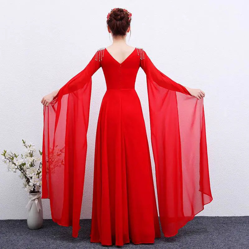 Elegant Red Long Guzheng Performance Dress