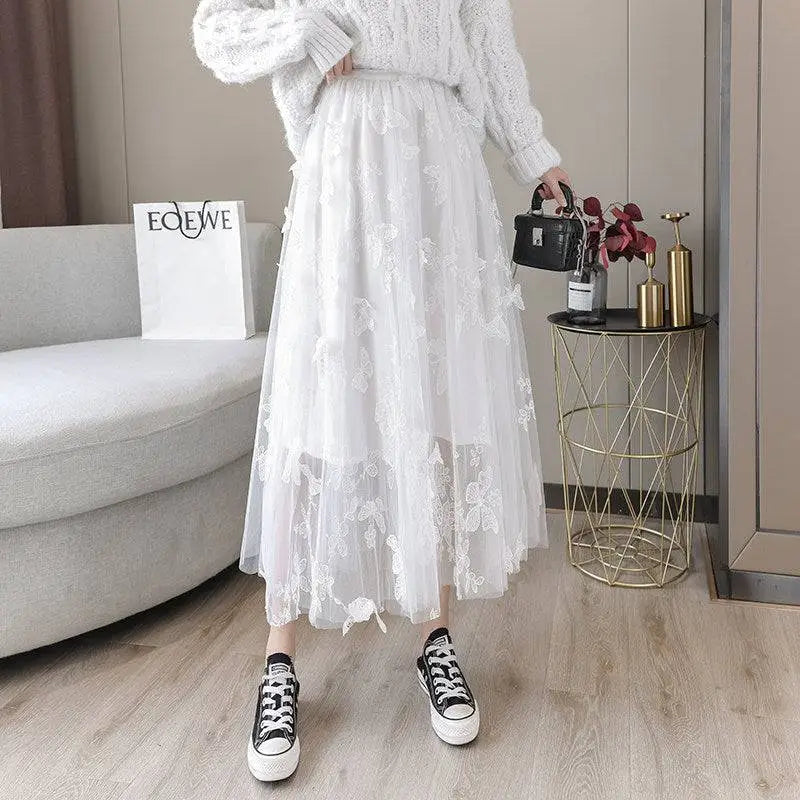 Embroidered Bow Lace Mesh Skirt Mid-length