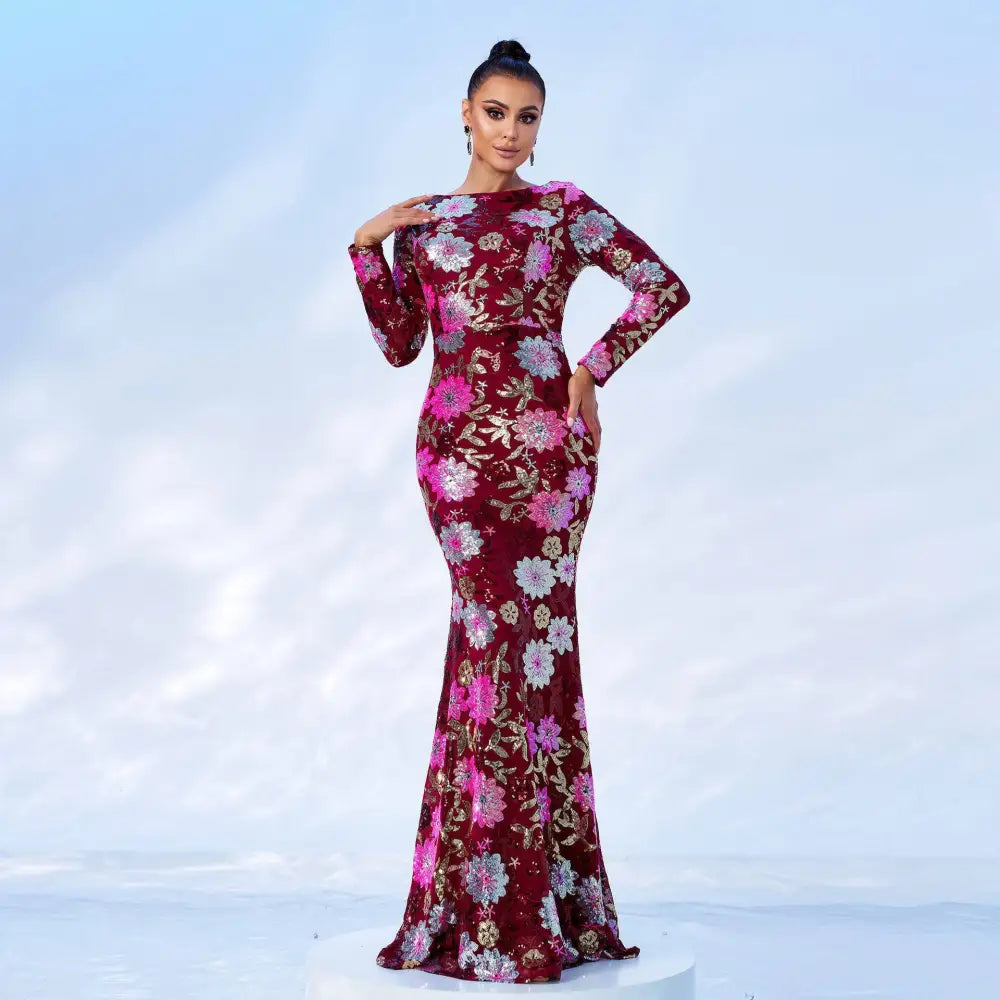 Embroidered Floral Long Sleeve Evening Gown