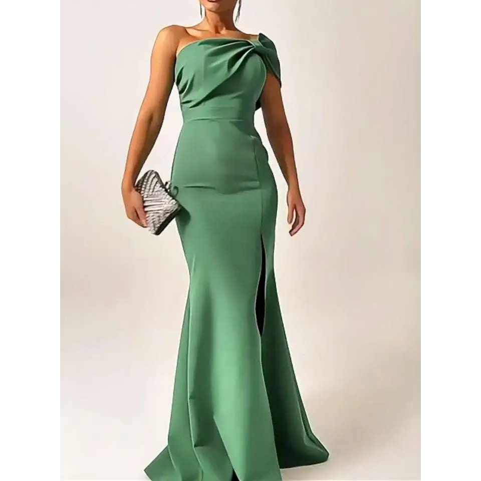 Emerald Green Bow Tube One Shoulder Evening Gown