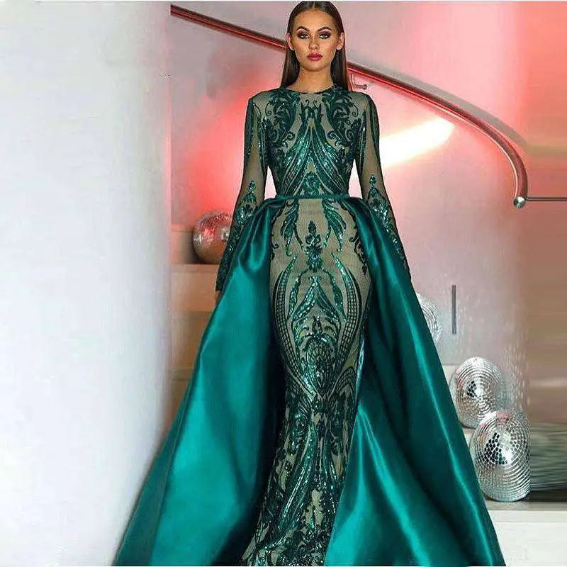Emerald Green Satin Lace Evening Dress