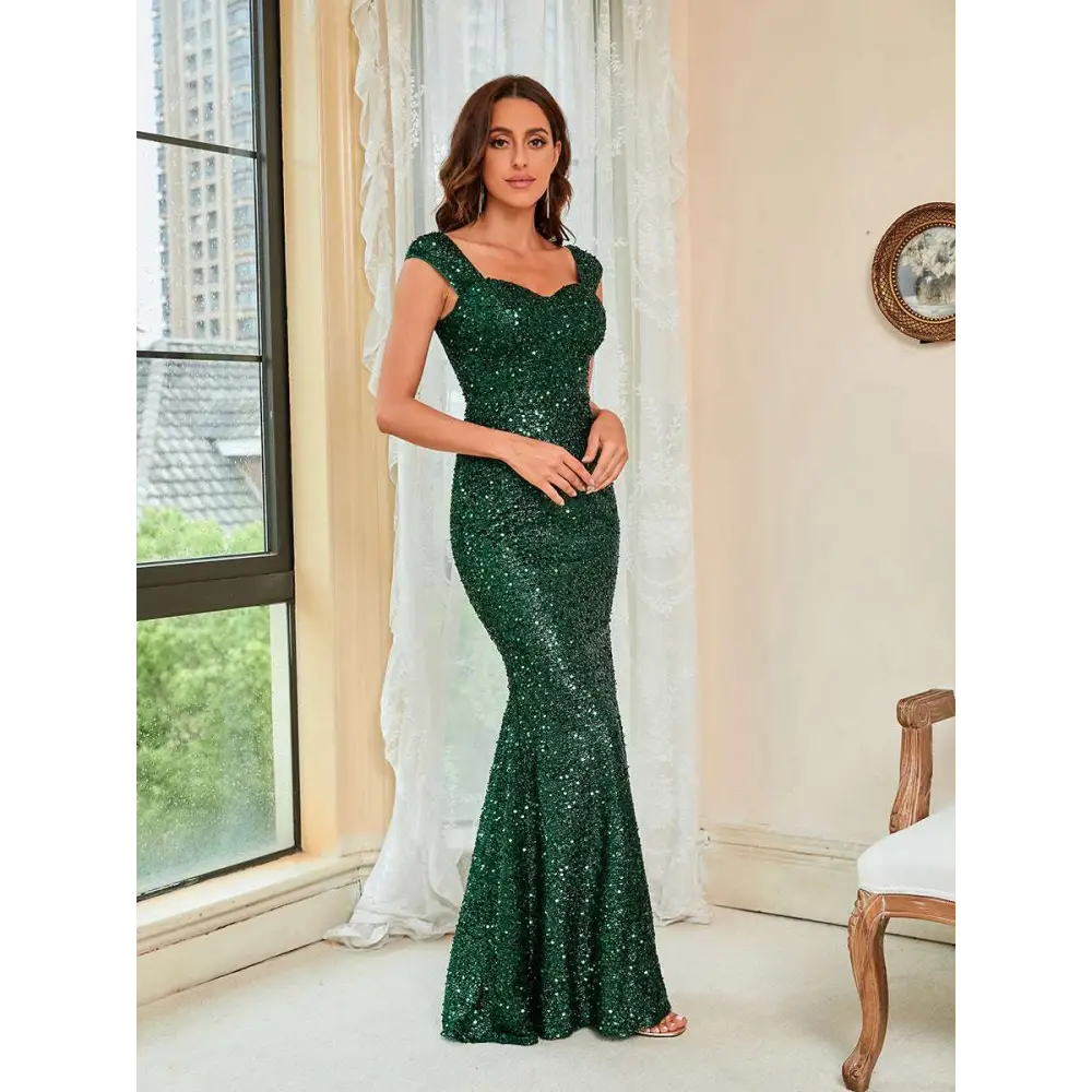 Emerald Green Suspenders Mid Waist Sequin Gown