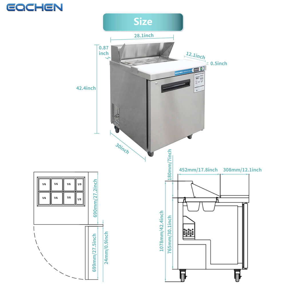 Stainless steel undercounter freezer with dimensions labeled on a white background