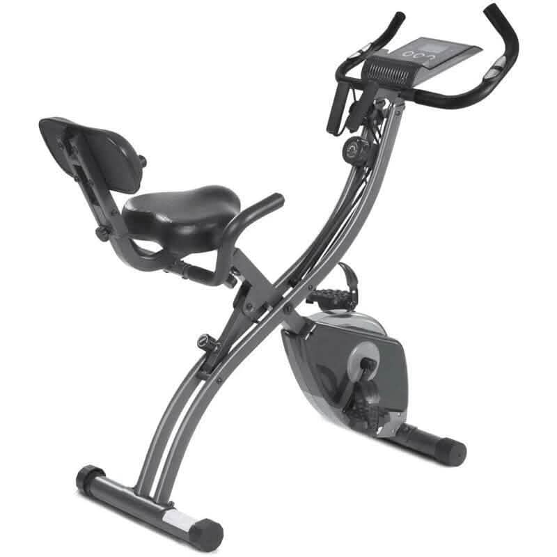 Black exercise bike on a white background. Exercise Stationary Folding Bike