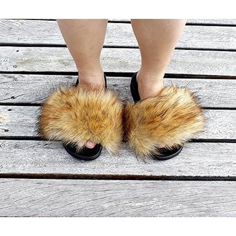 New YouDirect Womens Size 9.5 Slide On Faux Fur Indoor Outdoor Open Toe Slippers