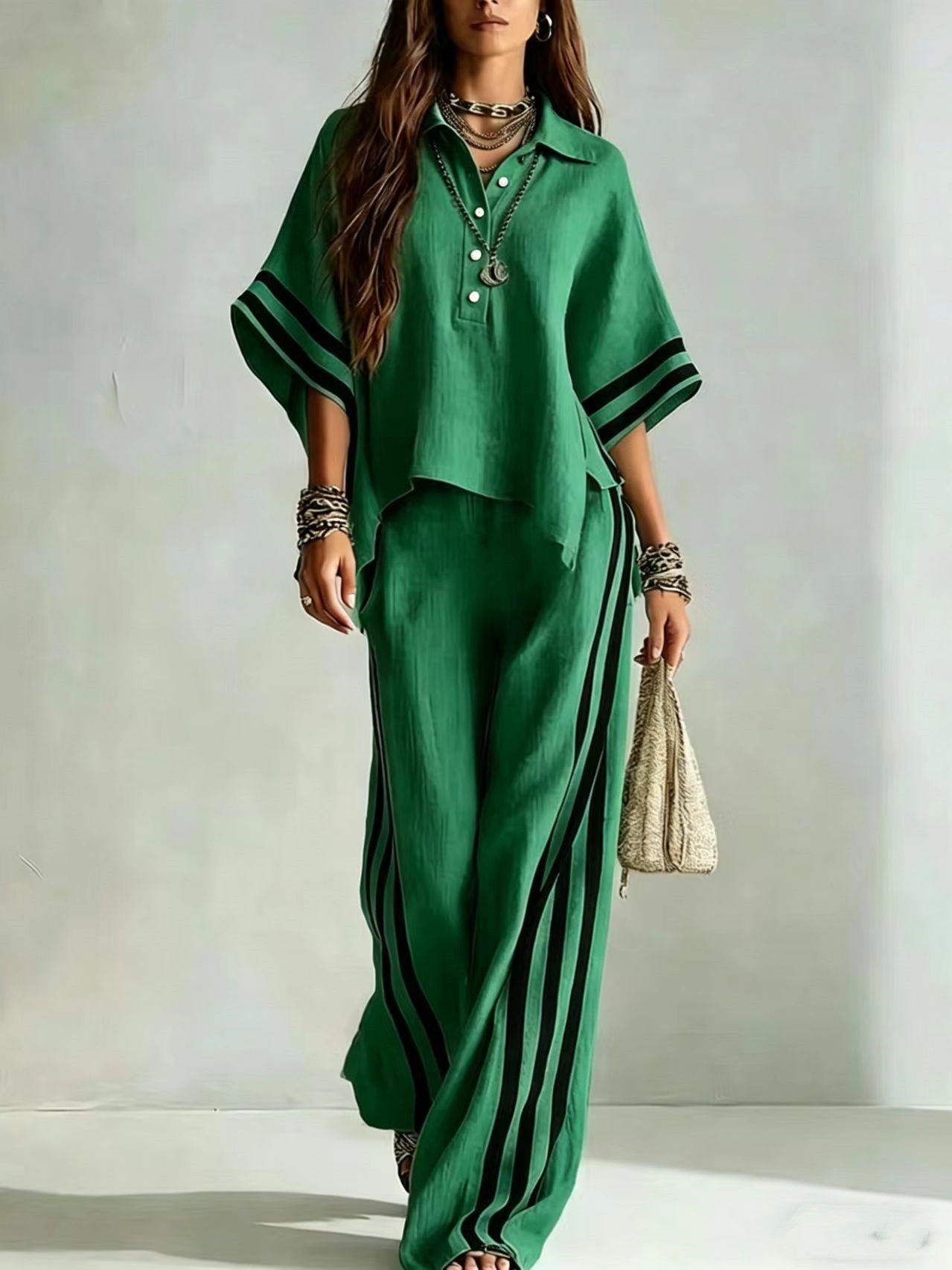 Womens Clothing Short-Sleeve Shirt And Loose Pants Two-Piece Set