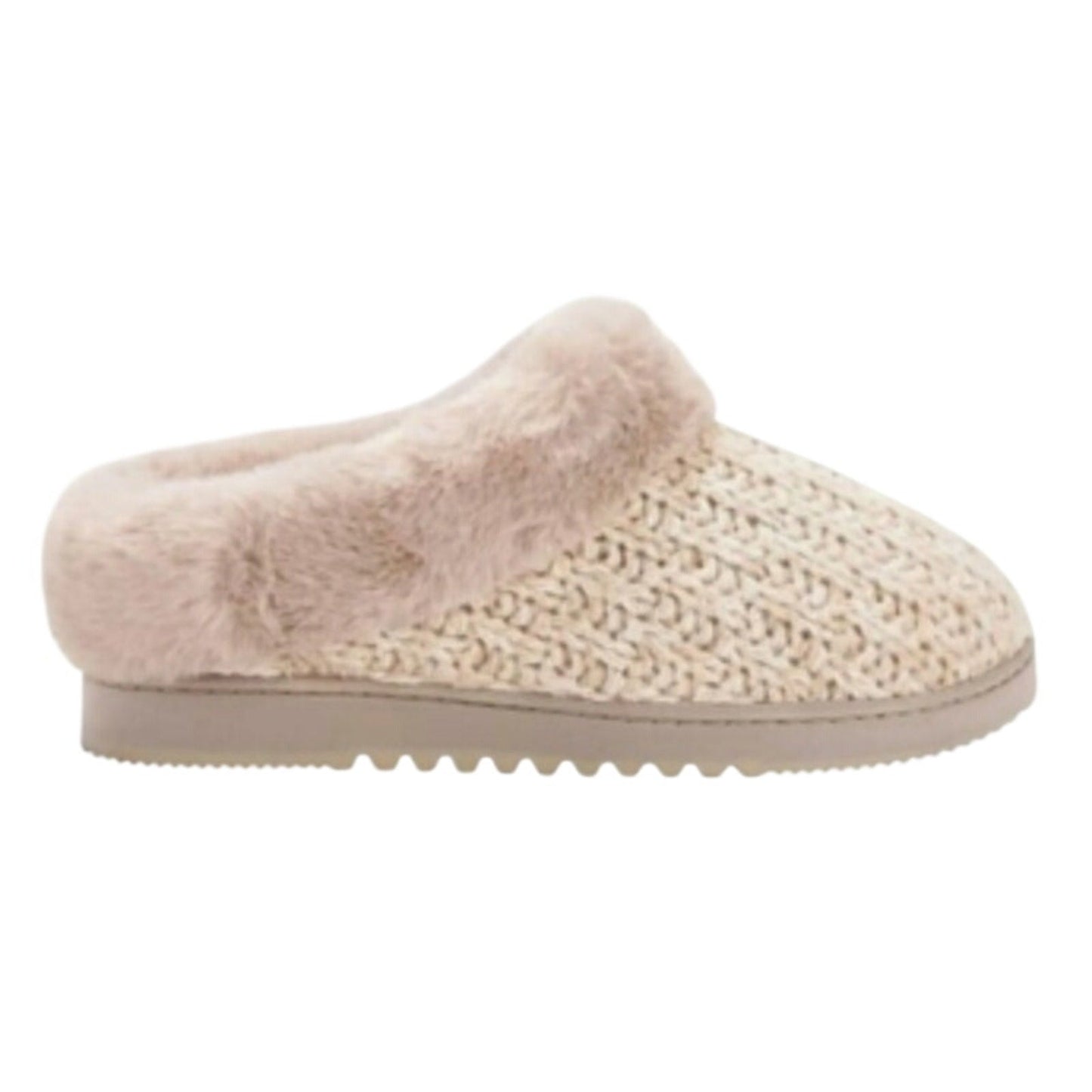 New In Box Dearfoams Women Small 5/6 Tan Faux Fur Lined Knit Slide On Slippers