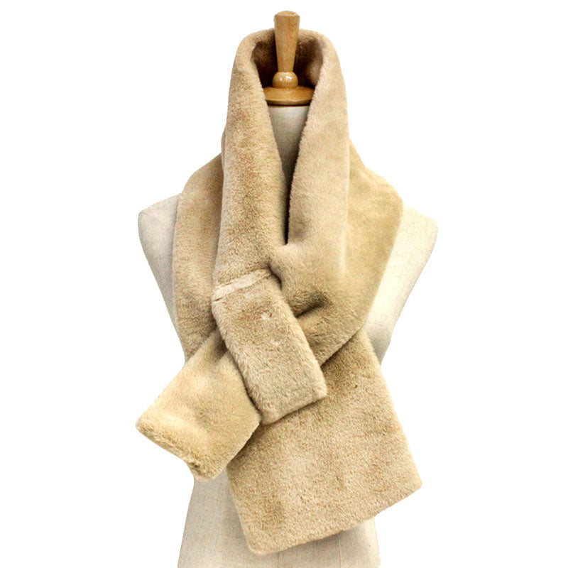 Fall Winter Solid Faux Fur Pull Through Scarf