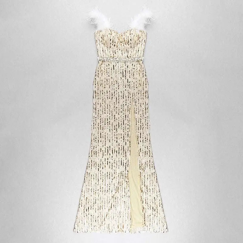 Feather Raglan Large Slit Sexy Sequin Evening Dress