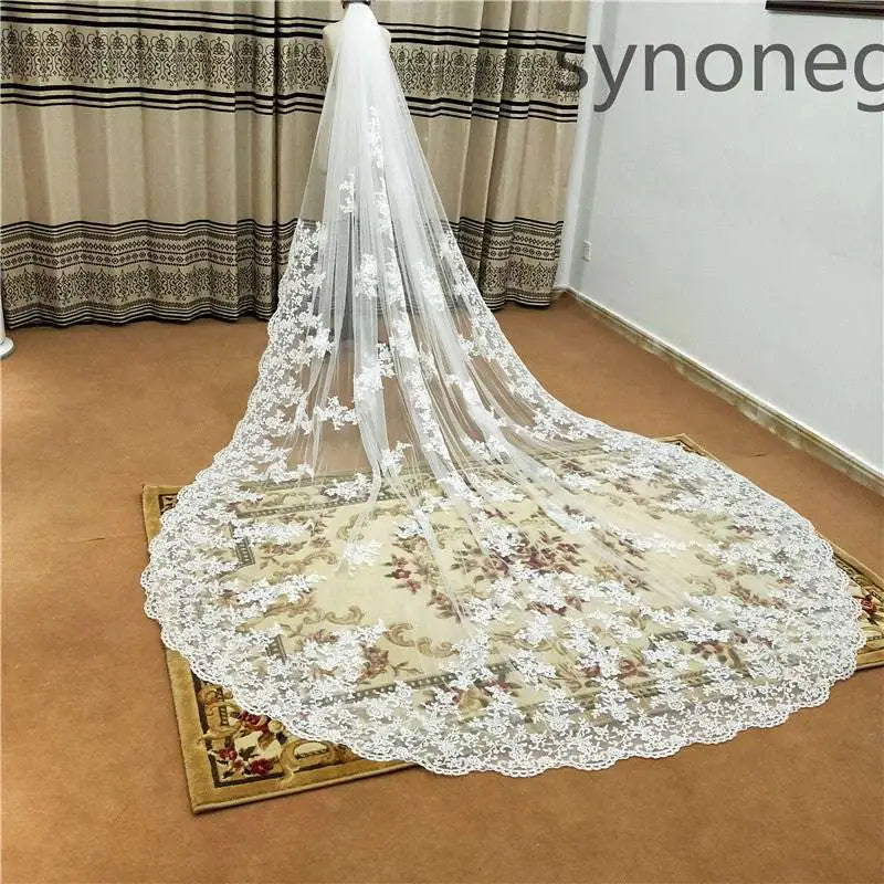 Floral Scalloped Cathedral Length Bridal Lace Veil