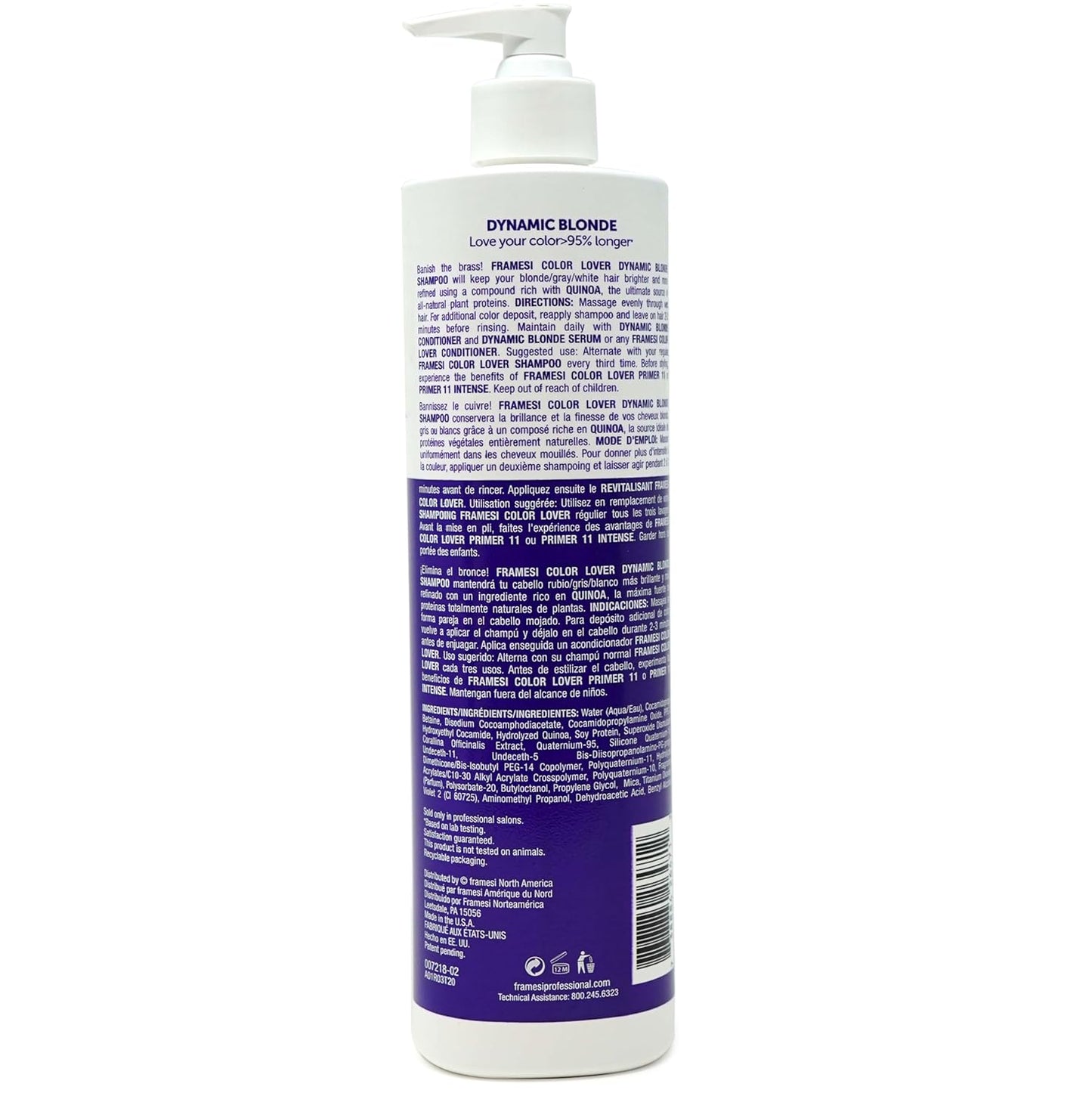 Framesi Color Lover Dynamic Blonde Conditioner, Purple Conditioner, Sulfate Free Conditioner, Color Treated Hair 16.9 Oz