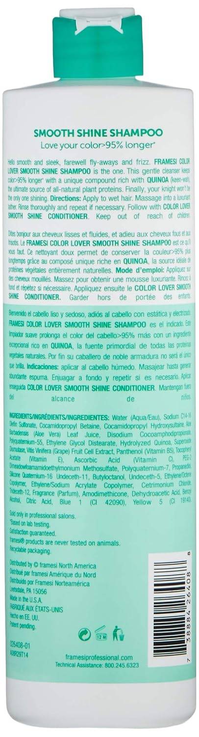 Framesi Color Lover Smooth Shine Shampoo, Sulfate Free Shampoo with Quinoa and Aloe Vera, Color Treated Hair 33.8 Oz