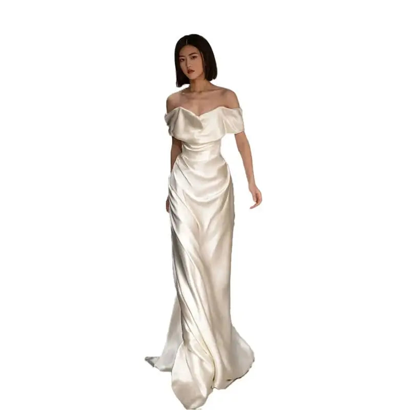 French White Off-shoulder Satin Wedding Dress