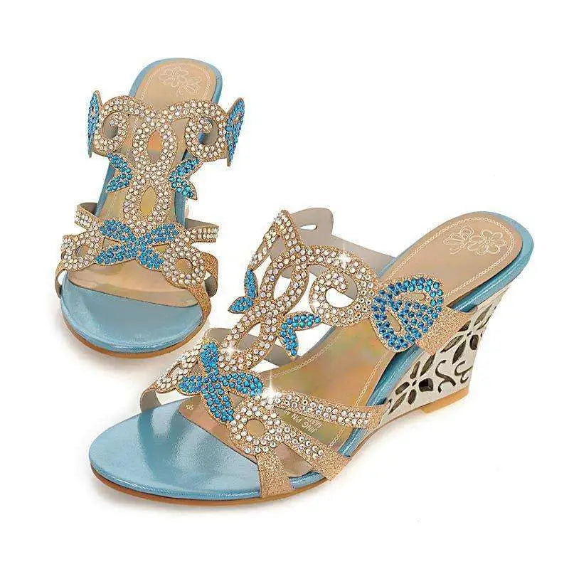 Gold Embellished Wedge Sandals Peep Toe