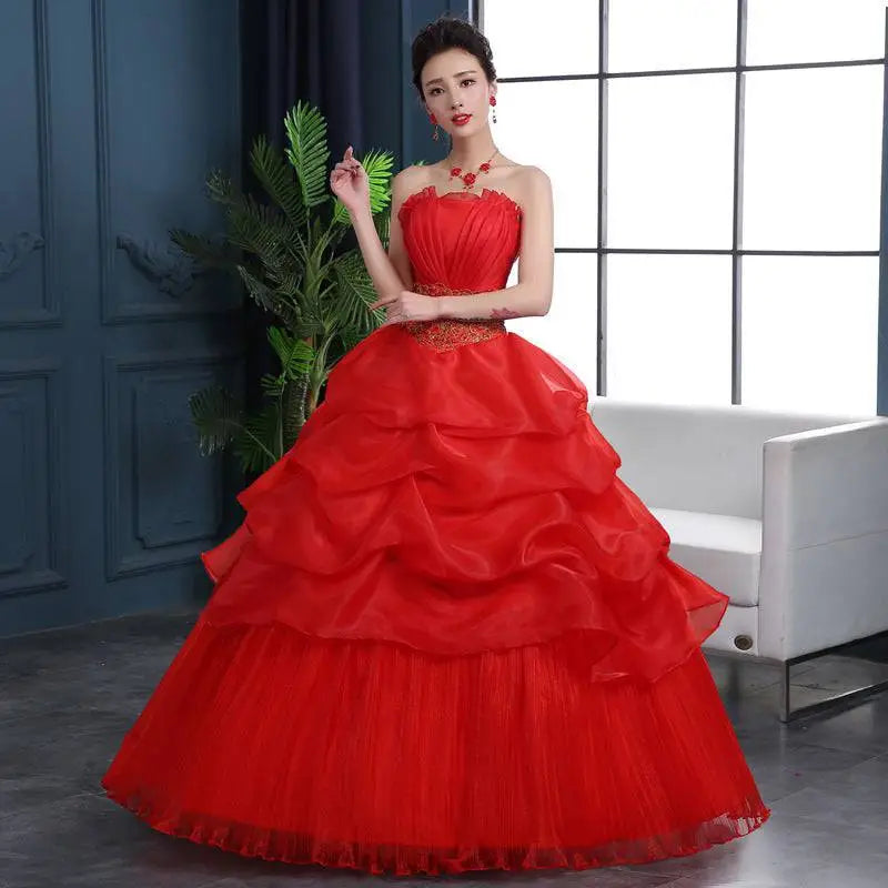 Gold Embroidered Large Size Red Wedding Dress