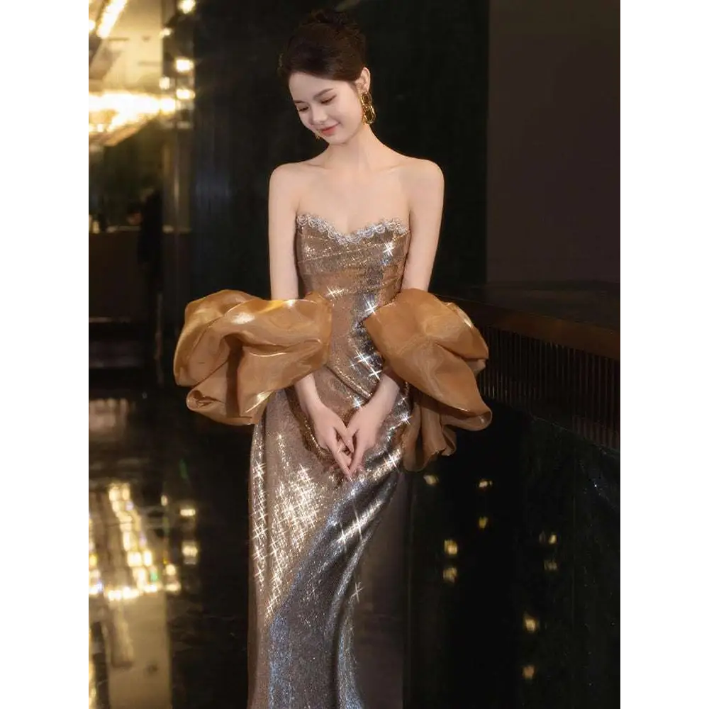Gold Sequined Banquet Temperament Evening Dress