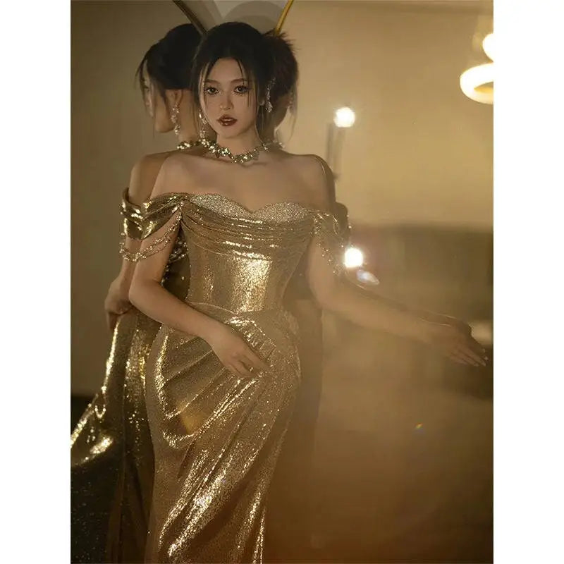 Gold Sequined Off-shoulder Dress Bridal Fishtail