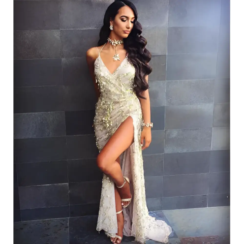 Gold V Neck Halter Strap Sequin Dress with Slit