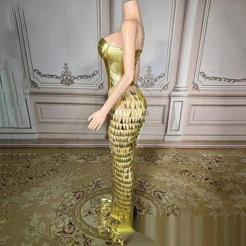 Golden Bright Surface Bandage Metallic Mermaid Gown