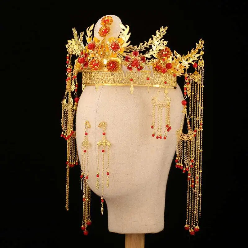 Golden Ornate Wedding Chinese Xiuhe Headdress with Ear Clip