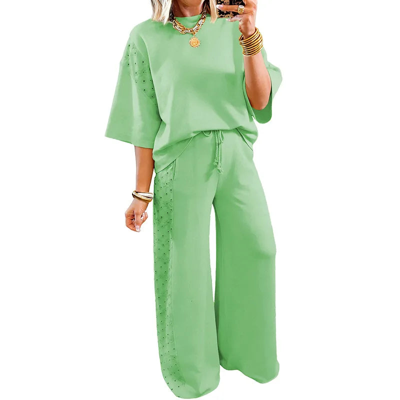 green Solid Color Casual Pant Co-ord Set in Simple Style Cotton Fabric with Hollow Out Craft, 2 Pieces Set