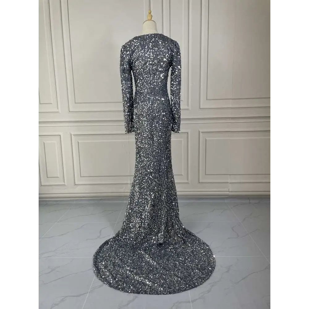 Grey Long Sleeve Sequin Mermaid Evening Dress