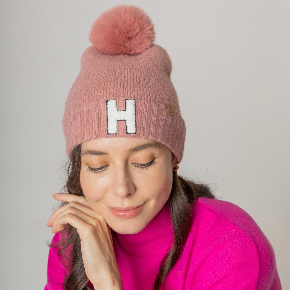 -H- Initial Monogram Faux Fur Pom Pom Knit Beanie Hat