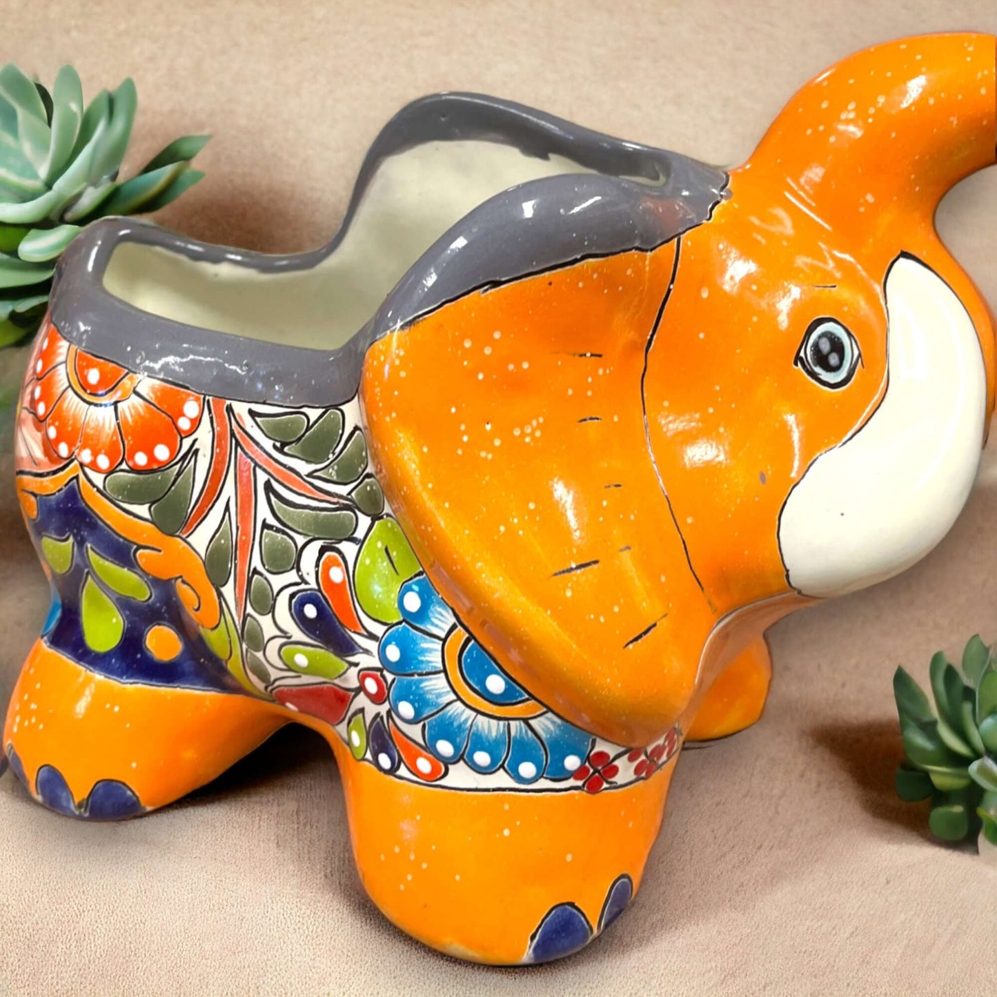 Hand-Painted Talavera Elephant Flower Pot | Colorful Talavera Planter (Medium)