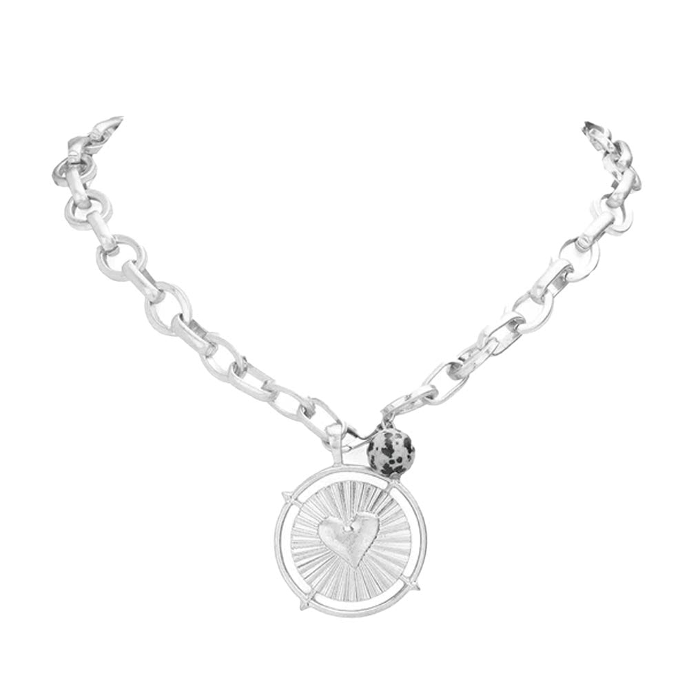 Heart Accented Metal Round Natural Stone Pendant Necklace