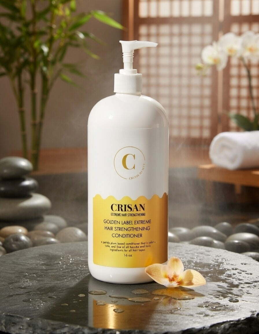 Crisan hair care product bottle on a stone surface with a blurred background