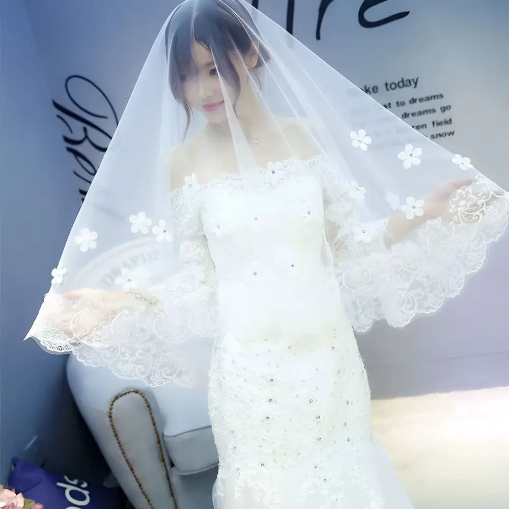 Korean Lace Petal Bridal Veil with Floral Embroidery