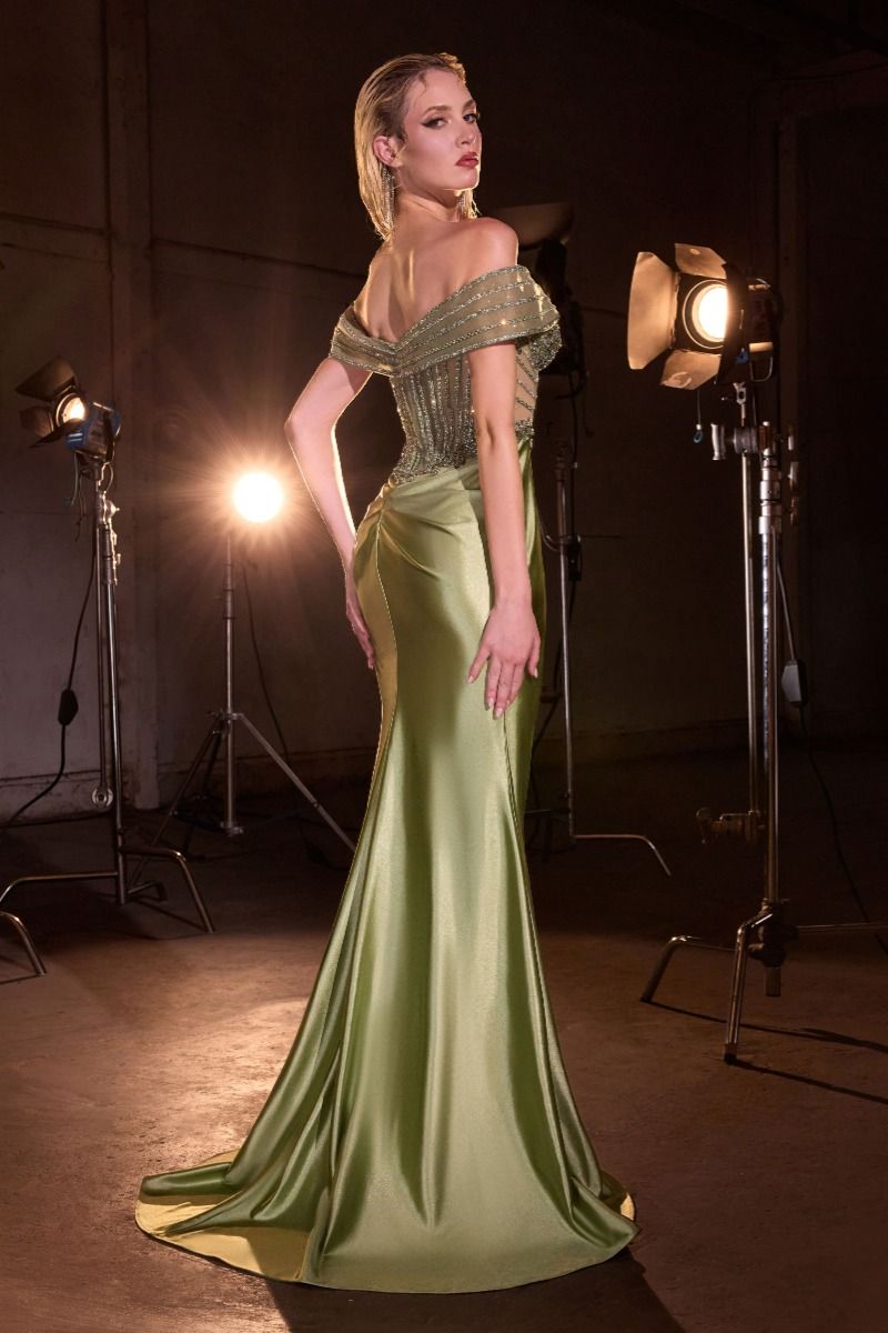 Off The Shoulder Delicate Beads Embellished Celebration Dress w/ Daring Leg Slit CDKV1140
