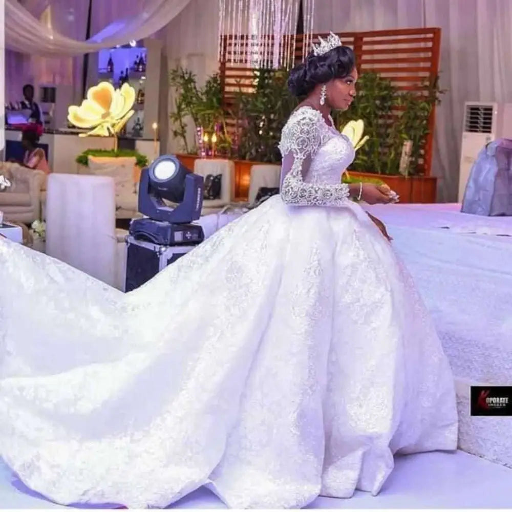 Lace African Wedding Dress with Long Sleeves
